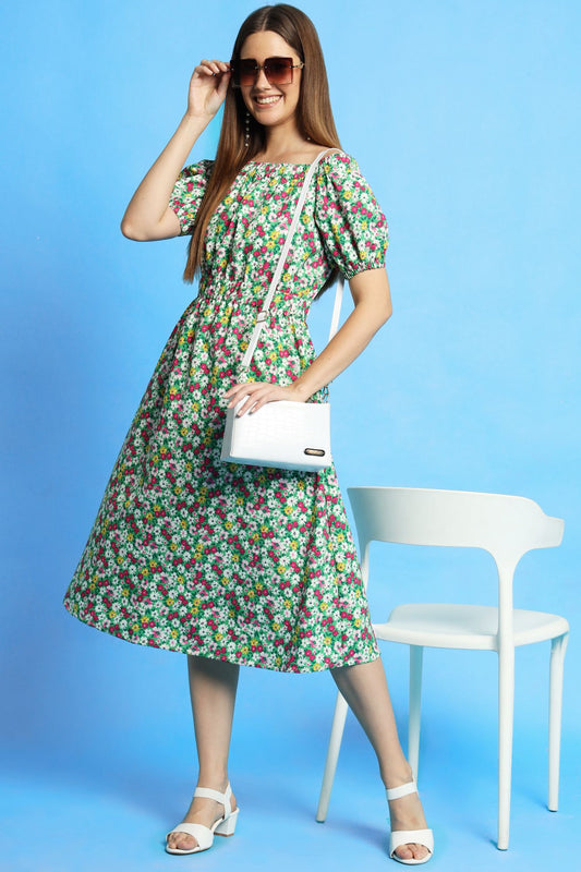 Multi color ditsy print off shoulder dress