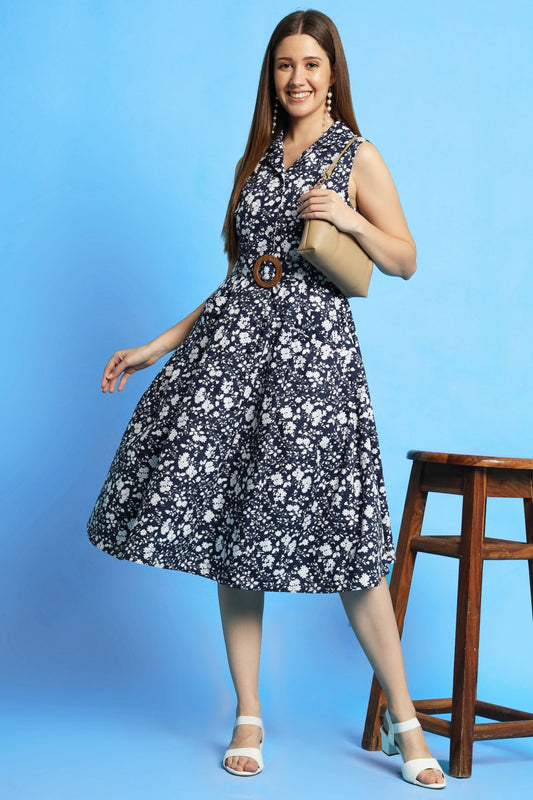 Navy Blue Paisley Print Dress