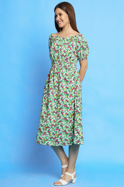 Multi color ditsy print off shoulder dress