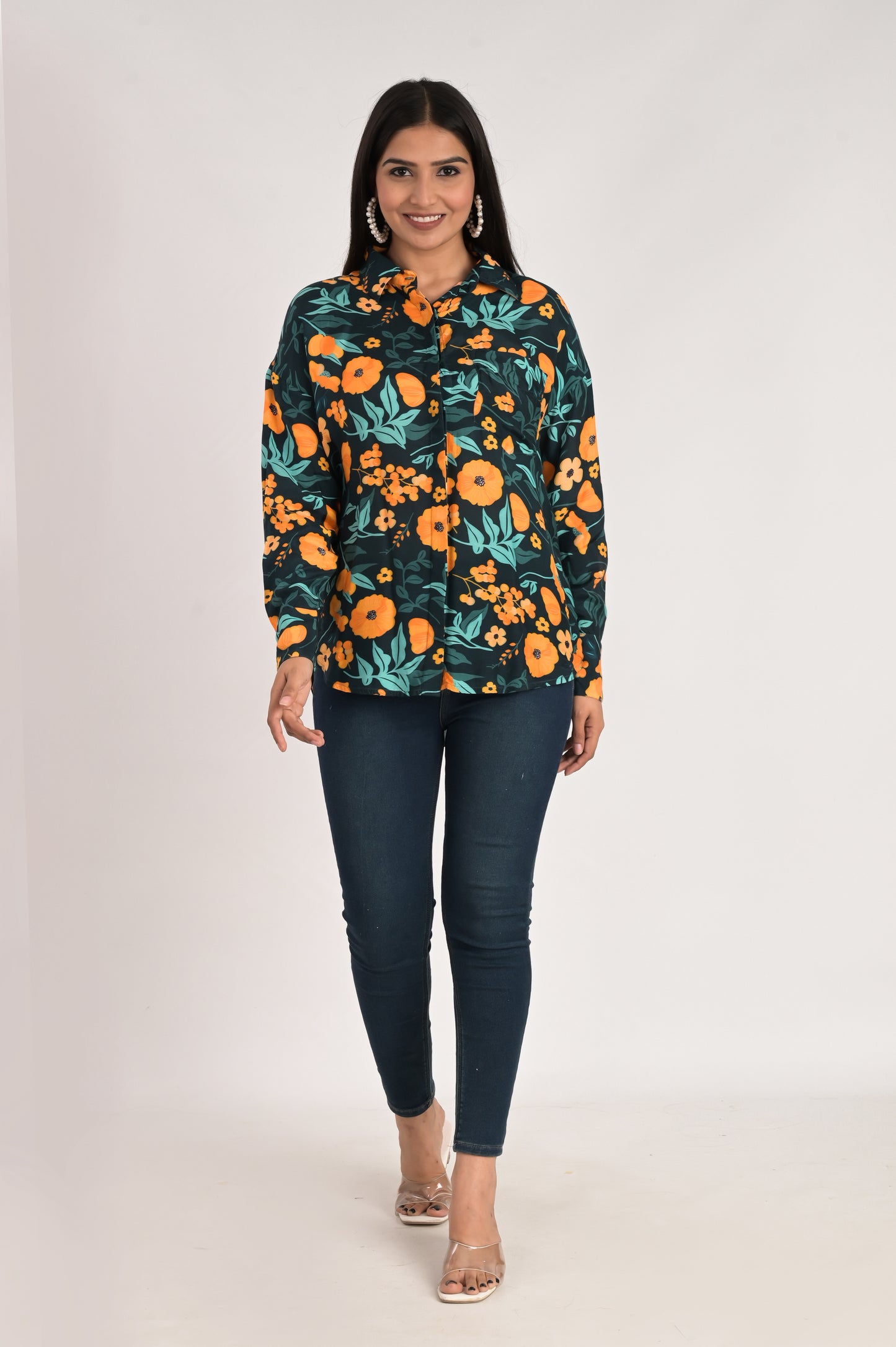 Teal Blue Multicolor Print Shirt