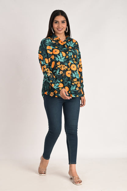 Teal Blue Multicolor Print Shirt