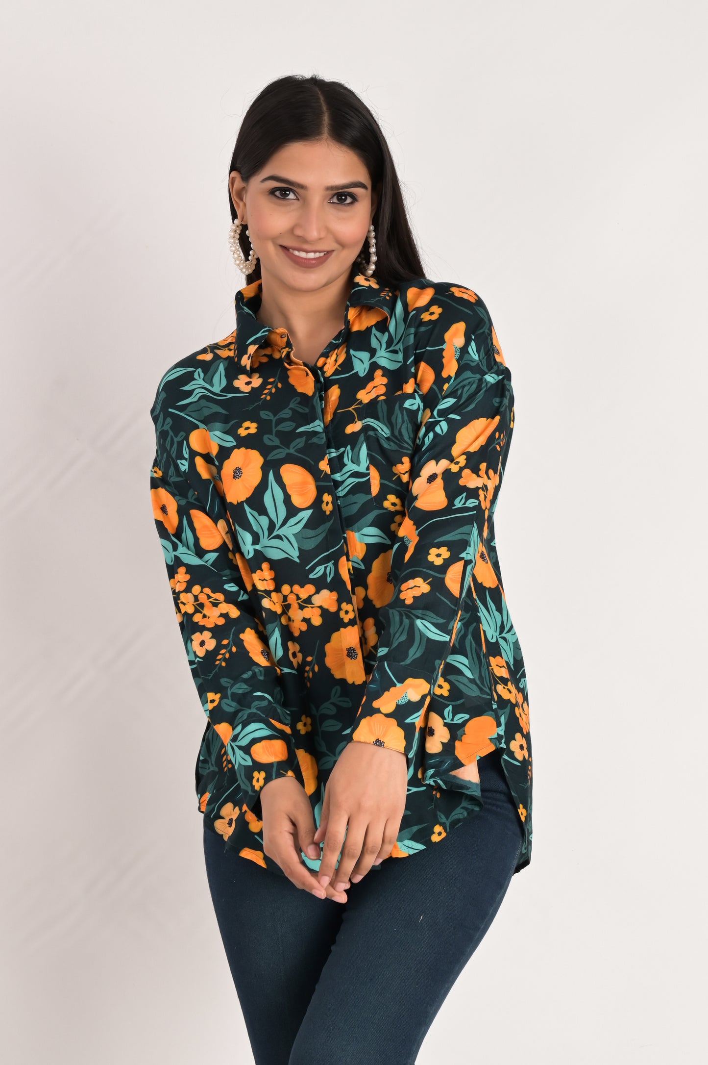 Teal Blue Multicolor Print Shirt