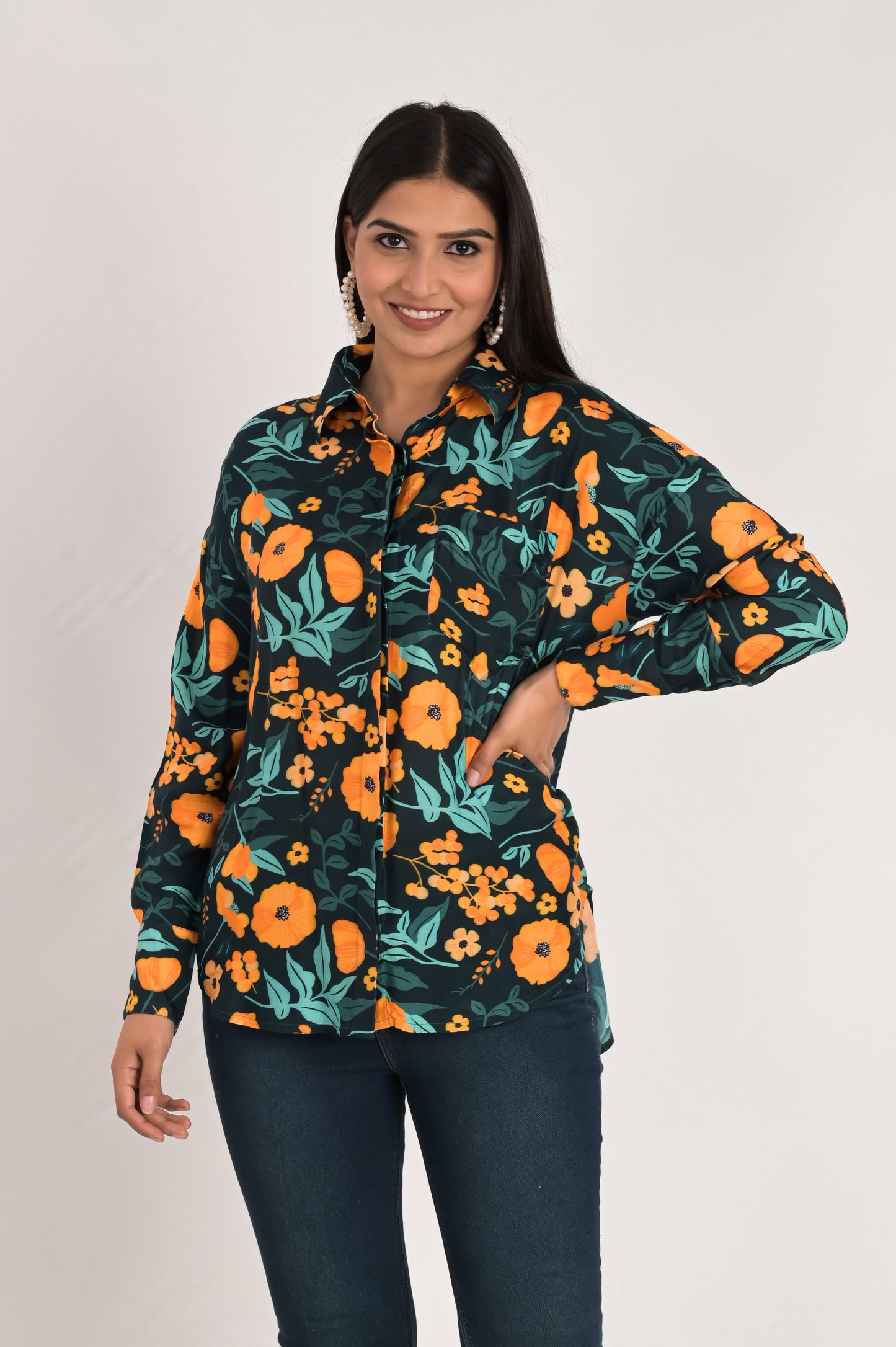 Teal Blue Multicolor Print Shirt