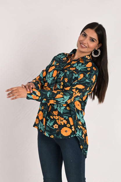 Teal Blue Multicolor Print Shirt