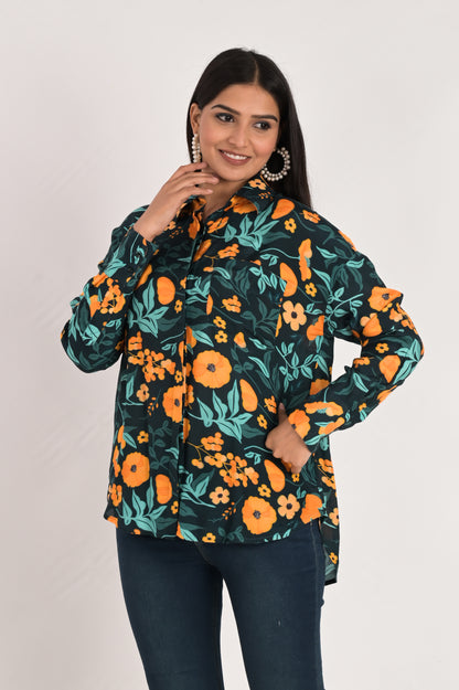 Teal Blue Multicolor Print Shirt