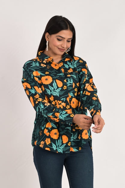 Teal Blue Multicolor Print Shirt