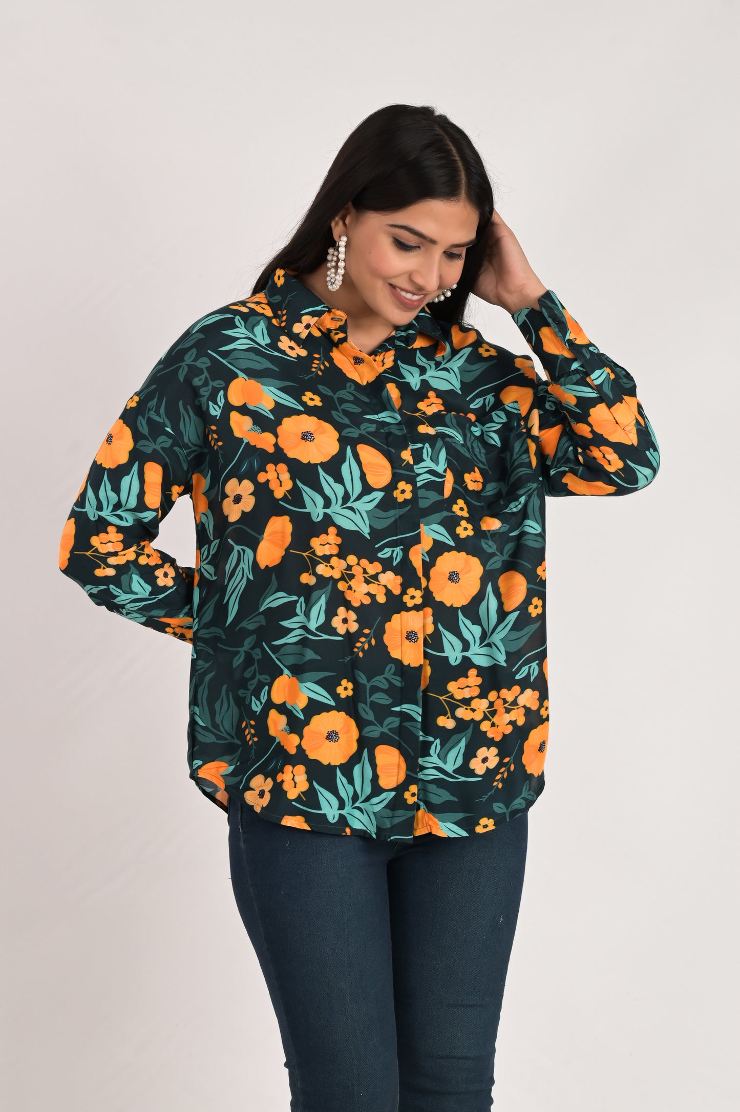 Teal Blue Multicolor Print Shirt