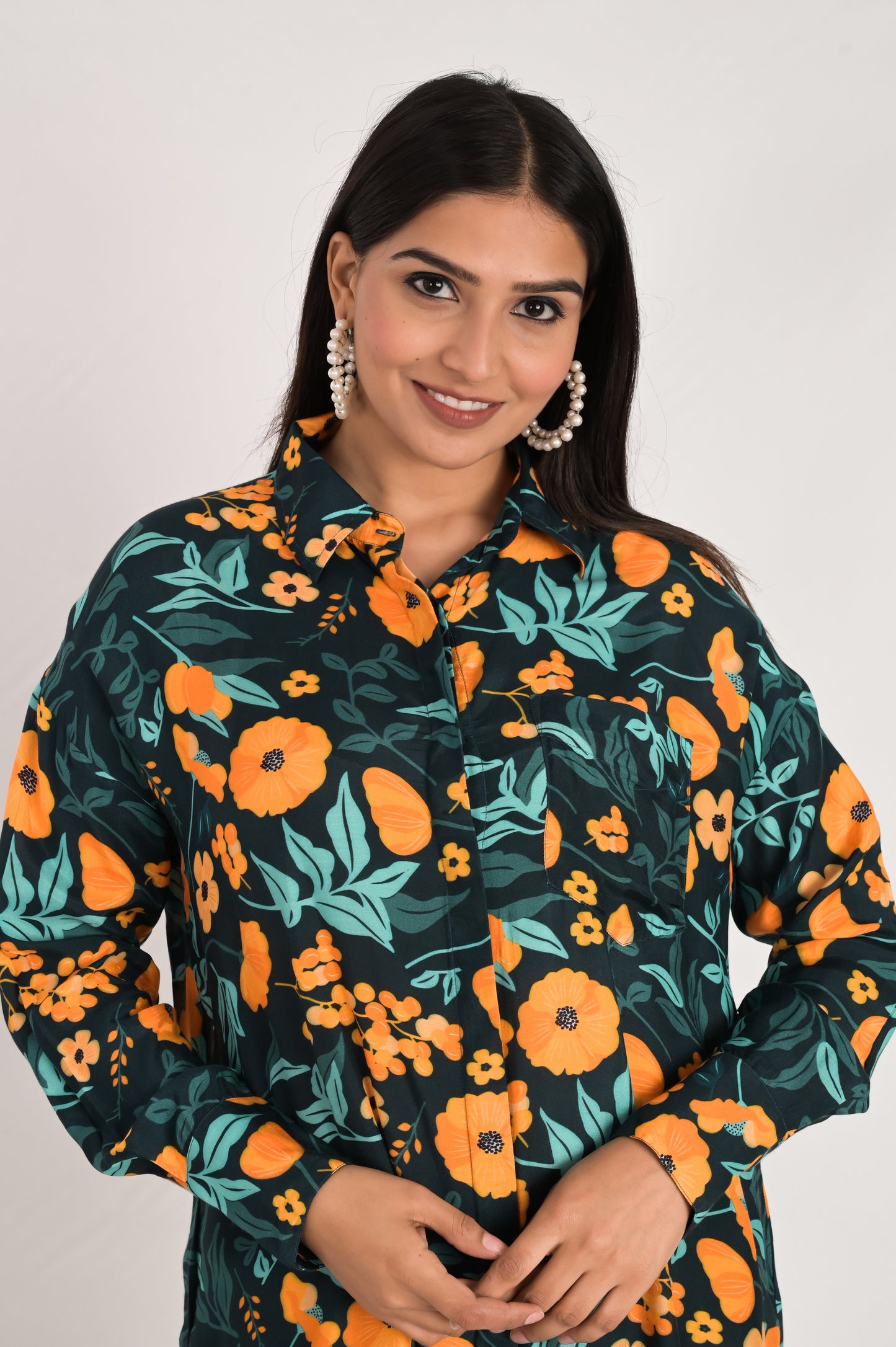 Teal Blue Multicolor Print Shirt