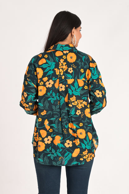 Teal Blue Multicolor Print Shirt