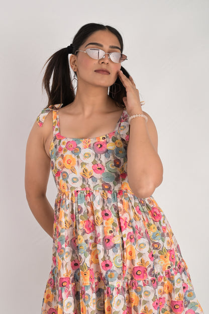 Floral Fantasy Shoulder Tie Up Dress