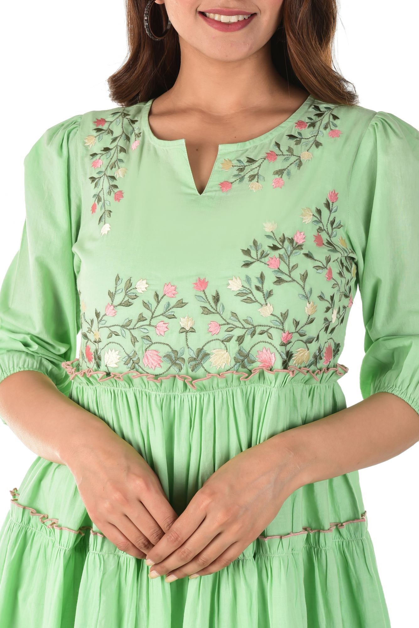 Pista Green Embroidered Dress