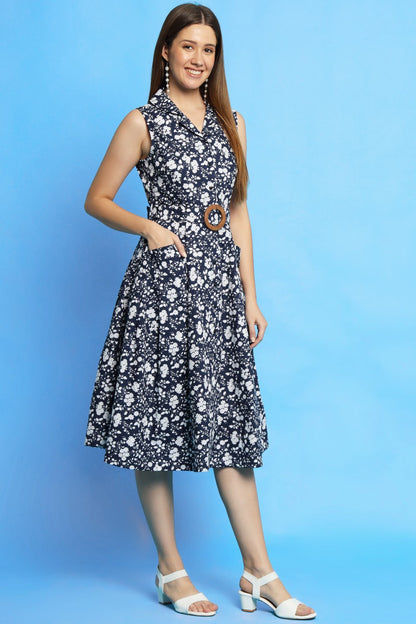 Navy Blue Paisley Print Dress